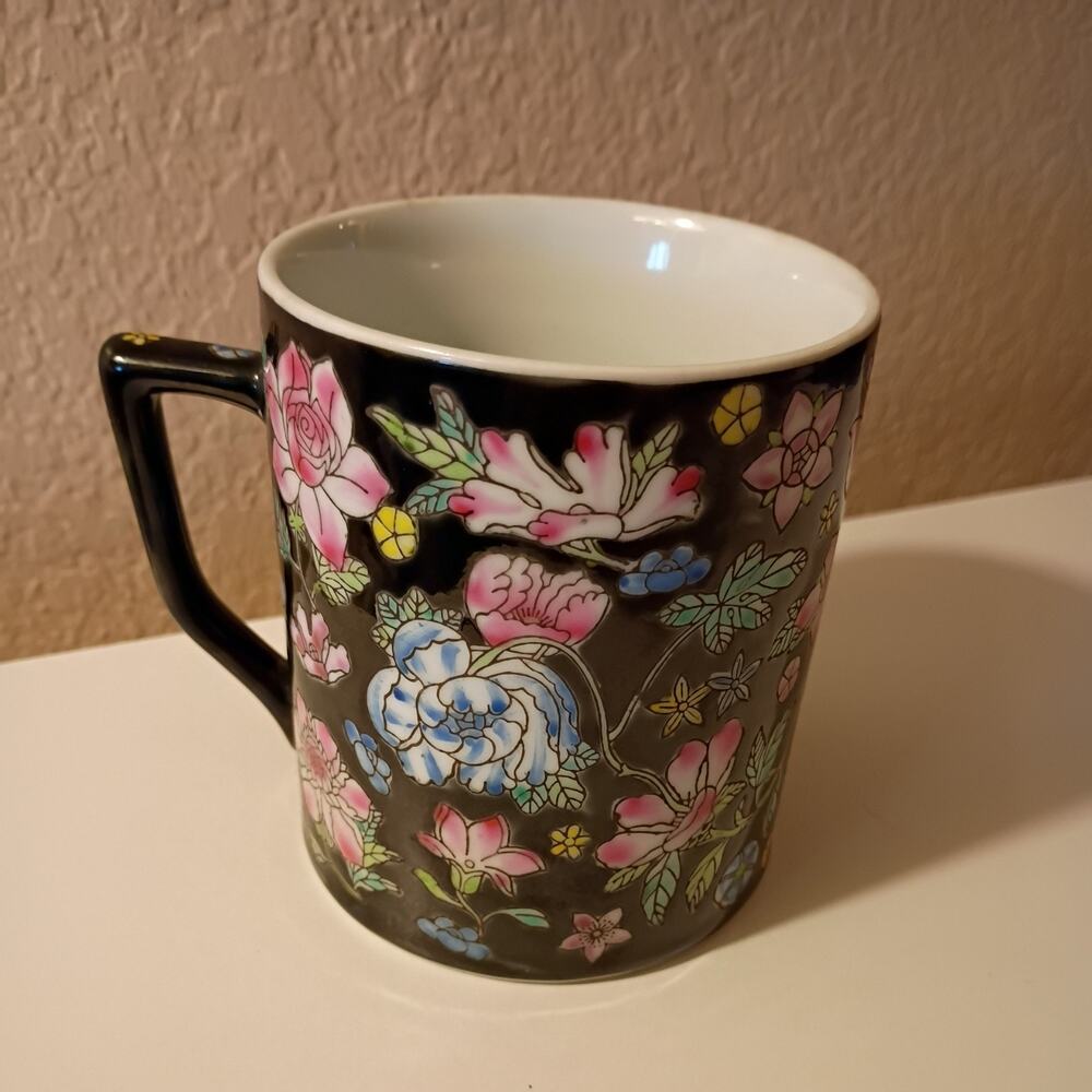 Vintage Chinese Jingdezhen Zhi Black Floral Porcelain Mug